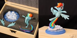 Size: 2400x1200 | Tagged: safe, artist:nekokevin, character:rainbow dash, species:pegasus, species:pony, box, craft, cute, dashabetes, female, irl, mare, one eye closed, open mouth, photo, raised hoof, sculpture, smiling, solo