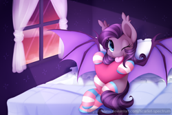 Size: 1350x900 | Tagged: safe, artist:scarlet-spectrum, oc, oc only, species:bat pony, species:pony, bat pony oc, bat wings, bed, blep, clothing, commission, cute, digital art, female, mare, ocbetes, one eye closed, signature, silly, socks, solo, striped socks, tongue out, window, wink