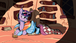 Size: 3840x2160 | Tagged: safe, artist:sintakhra, character:rainbow dash, character:smarty pants, character:twilight sparkle, character:twilight sparkle (alicorn), species:alicorn, species:pegasus, species:pony, ship:twidash, blanket, book, candle, drool, female, globe, golden oaks library, hug, lesbian, mare, prone, shipping, sleeping, tucking in, winghug