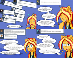 Size: 2000x1600 | Tagged: safe, artist:jake heritagu, character:flash sentry, character:sunset shimmer, species:pony, species:unicorn, comic:ask motherly scootaloo, comic:ask motherly sunset shimmer, ship:flashimmer, clothing, comic, female, pregnant, shipping, straight