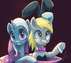 Size: 1056x936 | Tagged: safe, artist:grissaecrim, character:derpy hooves, character:trixie, species:pegasus, species:pony, species:unicorn, episode:a matter of principals, g4, my little pony: friendship is magic, bow, bow tie, bunny ears, bunny suit, cape, clothing, cuffs (clothes), cute, derpabetes, diatrixes, female, hat, looking at you, magic trick, mare, signature, smiling, tongue out, trixie's cape, trixie's hat