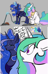 Size: 1280x1972 | Tagged: safe, artist:greyscaleart, character:princess celestia, character:princess luna, species:alicorn, species:pony, newbie artist training grounds, ant, ants, archer (show), atg 2018, avengers: infinity war, comic, constellation, constellation freckles, crossing the line twice, crossover, dark comedy, dialogue, dust, female, freckles, glowing horn, gray background, headphones, hoof shoes, implied applejack, implied death, implied thanos, implied twilight sparkle, magic, mare, mp3 player, royal sisters, simple background, speech bubble, telekinesis, vacuum cleaner, we are going to hell