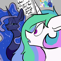 Size: 1260x1261 | Tagged: safe, artist:greyscaleart, character:princess celestia, character:princess luna, species:alicorn, species:pony, newbie artist training grounds, ant, ants, archer (show), atg 2018, avengers: infinity war, constellation, constellation freckles, crossover, dialogue, female, freckles, gray background, implied thanos, mare, mp3 player, royal sisters, simple background, speech bubble