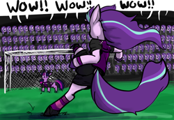 Size: 1280x883 | Tagged: safe, artist:greyscaleart, character:starlight glimmer, character:twilight sparkle, species:pony, species:unicorn, g4, eyes closed, female, football, mare, meme, multeity, soccer field, sports, starlight cluster, wow! glimmer