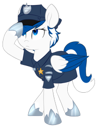 Size: 2200x2836 | Tagged: safe, artist:chub-wub, oc, oc:striker blue, species:pegasus, species:pony, clothing, commission, female, flat colors, high res, hoof shoes, police officer, salute, simple background, solo, transparent background