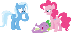 Size: 3586x1684 | Tagged: safe, artist:porygon2z, character:pinkie pie, character:spike, character:trixie, species:dragon, species:earth pony, species:pony, species:unicorn, abuse, cruel, eyes closed, female, justice, laughing, male, mare, no mouth, op is butthurt, out of character, revenge, simple background, transparent background, trixiebuse
