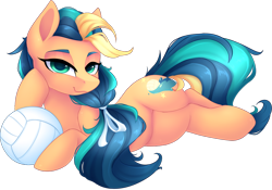 Size: 1000x699 | Tagged: safe, artist:scarlet-spectrum, oc, oc only, oc:playa "spikeball" azul, species:earth pony, species:pony, commission, digital art, draw me like one of your french girls, female, looking at you, mare, prone, simple background, smiling, solo, sports, transparent background, volleyball
