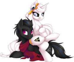 Size: 900x757 | Tagged: safe, artist:scarlet-spectrum, oc, oc only, oc:axl, oc:whitefire, species:earth pony, species:pony, species:unicorn, black sclera, clothing, commission, digital art, female, hairpin, long mane, male, mare, scarf, simple background, sitting on pony, skull, smiling, stallion, tail ring, transparent background, whixl