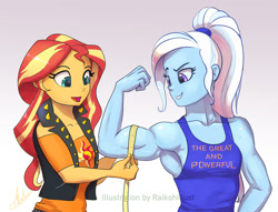Size: 1338x1024 | Tagged: safe, artist:grissaecrim, character:sunset shimmer, character:trixie, g4, my little pony: equestria girls, my little pony:equestria girls, armpits, bicep, clothing, commission, duo, duo female, female, fit, flexing, gradient background, grand and muscular trixie, great and powerful, measuring tape, muscles, muscular female, ponytail, signature, smiling, tank top