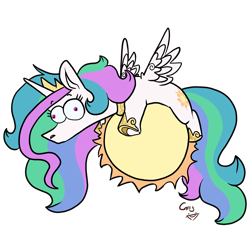 Size: 4200x4200 | Tagged: safe, artist:greyscaleart, character:princess celestia, species:alicorn, species:pony, absurd resolution, crown, derp, female, jewelry, mare, prone, regalia, sillestia, silly, simple background, solo, sun, tangible heavenly object, transparent background