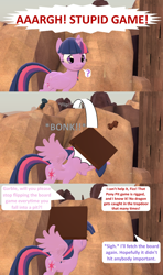 Size: 1920x3240 | Tagged: safe, artist:red4567, character:twilight sparkle, character:twilight sparkle (alicorn), species:alicorn, species:pony, 3d, board game, comic, dragon pit, flipping, implied fizzle, implied garble, implied vex, pony pit, source filmmaker, yelling
