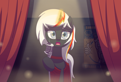 Size: 2777x1892 | Tagged: safe, artist:zacatron94, oc, oc:velvet remedy, species:pony, species:unicorn, fallout equestria, clothing, crying, curtains, dress, fallout, fallout 4, female, mare, microphone, microphone stand, multicolored hair, open mouth, red dress, singing, solo, vault boy