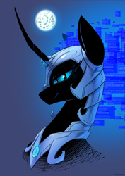 Size: 2480x3508 | Tagged: safe, alternate version, artist:underpable, character:nightmare moon, character:princess luna, species:alicorn, species:pony, 404, abstract background, armor, blue screen of death, bust, female, full moon, helmet, looking at you, mare, moon, smiling, smirk, solo