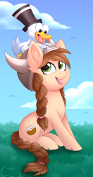 Size: 1652x3122 | Tagged: safe, artist:scarlet-spectrum, oc, oc only, oc:mrducknosa, oc:tvælåt, species:duck, species:earth pony, species:pony, braid, clothing, cloud, digital art, duo, female, grass, happy, hat, helmet, horned helmet, looking at each other, mare, open mouth, sky, tongue out, top hat, viking helmet