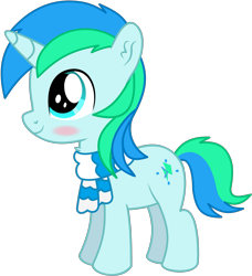 Size: 1831x2011 | Tagged: safe, artist:cyanlightning, oc, oc only, oc:cyan lightning, species:pony, species:unicorn, blushing, chest fluff, clothing, colt, ear fluff, male, scarf, simple background, solo, transparent background, vector