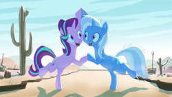 Size: 1024x576 | Tagged: safe, artist:grissaecrim, character:starlight glimmer, character:trixie, species:pony, species:unicorn, episode:on the road to friendship, cute, desert, diatrixes, duo, female, friendship chant, glimmerbetes, hooves together, mare, open mouth, saguaro cactus, scene interpretation