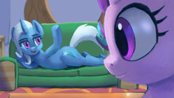 Size: 1024x576 | Tagged: safe, artist:grissaecrim, character:starlight glimmer, character:trixie, species:pony, species:unicorn, episode:on the road to friendship, couch, draw me like one of your french girls, duo, female, mare, open mouth, prone, scene interpretation, underhoof, wrong eye color