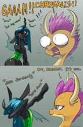 Size: 1200x1833 | Tagged: safe, artist:underpable, character:ocellus, character:queen chrysalis, character:smolder, species:changeling, species:dragon, episode:what lies beneath, g4, my little pony: friendship is magic, :t, bipedal, blush sticker, blushing, changeling queen, cheek squish, comic, cute, cute bug noises, cutealis, dab, dank, descriptive noise, dialogue, diaocelles, disguise, disguised changeling, exclamation point, eye bulging, female, frown, funny, gray background, interrobang, lidded eyes, question mark, raised hoof, rubbing, sad, scene interpretation, screaming, sharp teeth, shivering, shocked, simple background, sitting, smiling, squishy cheeks, surprised, teary eyes, teeth, text, tongue out, wide eyes, wild take