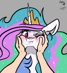Size: 1280x1383 | Tagged: dead source, safe, artist:greyscaleart, character:princess celestia, species:alicorn, species:human, species:pony, :t, annoyed, blushing, bust, cheek squish, crown, cute, cutelestia, ethereal mane, female, floppy ears, frown, galaxy mane, gray background, greyscaleart is trying to murder us, jewelry, looking at you, majestic as fuck, mare, messy mane, offscreen character, one eye closed, pov, puffy cheeks, regalia, rubbing, sexy, signature, simple background, solo focus, sparkly mane, squishy cheeks, this will end in death, this will end in tears, this will end in tears and/or a journey to the moon, this will end in tears and/or death, this will end well, wall of tags, wide eyes, wink