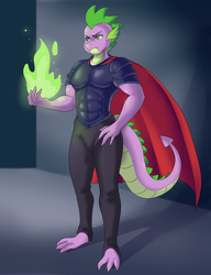 Size: 920x1200 | Tagged: safe, artist:thebrokencog, character:spike, species:anthro, species:plantigrade anthro, armor, cape, clothing, commission, fire, male, older, older spike, solo