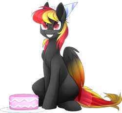 Size: 900x835 | Tagged: safe, artist:scarlet-spectrum, oc, oc only, oc:sharky, species:pegasus, species:pony, birthday, birthday cake, cake, clothing, colored wings, commission, digital art, eye clipping through hair, female, food, gradient hair, gradient wings, happy, hat, mare, party hat, plate, red eyes, simple background, sitting, smiling, solo, transparent background