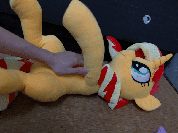 Size: 600x450 | Tagged: safe, artist:nekokevin, character:sunset shimmer, species:human, species:pony, species:unicorn, animated, bellyrubs, cute, female, gif, hand, irl, irl human, lying down, mare, offscreen character, photo, plushie, rubbing, shimmerbetes, smiling, tickle torture, tickling, underhoof