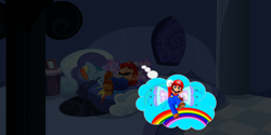 Size: 2884x1438 | Tagged: safe, artist:daringdashie, artist:fabulouspony, artist:user15432, character:rainbow dash, species:human, species:pegasus, species:pony, bed, bedroom, crossover, dream, fairy, fairy wings, hasbro, hasbro studios, maridash, mario, night, nintendo, rainbow, rainbows, sleeping, super mario bros., super smash bros., wings
