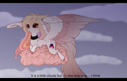 Size: 1600x1027 | Tagged: safe, artist:little-sketches, oc, oc:akari sakura, species:pegasus, species:pony, cloud, female, mare, sitting on a cloud, solo, subtitles, two toned wings