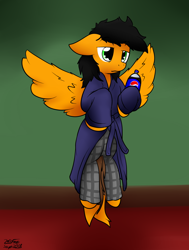 Size: 1190x1570 | Tagged: safe, artist:the-furry-railfan, oc, oc only, oc:twintails, bed mane, clothing, drink, flying, lazy, morning, pajamas, pepsi, robe, soda, spread wings, wings