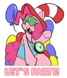 Size: 576x666 | Tagged: safe, artist:pembroke, character:pinkie pie, species:earth pony, species:pony, balloon, clock, clothing, female, hat, open mouth, pinkie patreon, shutter shades, simple background, solo, sunglasses, text, transparent background