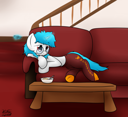 Size: 1827x1665 | Tagged: safe, artist:the-furry-railfan, oc, oc only, oc:minty candy, species:pony, species:unicorn, bed mane, bowl, breakfast, cereal, clothing, couch, food, glasses, lazy, magic, milk, pants, remote, socks, stairs, sweatpants, table, telekinesis, watching tv