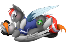 Size: 900x571 | Tagged: safe, artist:scarlet-spectrum, oc, oc only, oc:cdblake, species:changeling, species:pegasus, species:pony, changeling hybrid, changeling oc, clothing, commission, digital art, eyes closed, gay, love, lying down, male, oc x oc, shipping, simple background, stallion, transparent background, wings