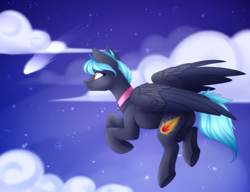 Size: 1170x900 | Tagged: safe, artist:scarlet-spectrum, oc, oc only, oc:falling star, species:pegasus, species:pony, cloud, commission, digital art, female, flying, jewelry, mare, necklace, sky, smiling, solo, speedpaint, speedpaint available, spread wings, wings