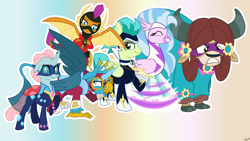 Size: 1920x1080 | Tagged: safe, artist:sintakhra, character:fili-second, character:gallus, character:masked matter-horn, character:mistress marevelous, character:ocellus, character:radiance, character:saddle rager, character:sandbar, character:silverstream, character:smolder, character:yona, character:zapp, species:changeling, species:classical hippogriff, species:dragon, species:earth pony, species:griffon, species:hippogriff, species:pony, species:reformed changeling, species:yak, tumblr:studentsix, episode:power ponies, g4, my little pony: friendship is magic, bow, clothing, cloven hooves, cosplay, costume, cute, diaocelles, diastreamies, dragoness, fake wings, female, gallabetes, group shot, hair bow, jewelry, male, monkey swings, necklace, outfit, sandabetes, simple background, smolderbetes, species swap, student six, yonadorable