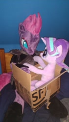 Size: 675x1200 | Tagged: safe, artist:nekokevin, character:starlight glimmer, character:tempest shadow, species:pony, species:unicorn, series:nekokevin's glimmy, anthro plushie, armor, bed, box, broken horn, duo, eye scar, female, irl, looking at each other, mare, photo, plushie, pony in a box, scar, size difference, smiling