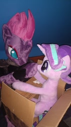 Size: 675x1200 | Tagged: safe, artist:nekokevin, character:starlight glimmer, species:pony, species:unicorn, series:nekokevin's glimmy, anthro plushie, armor, bed, boop, box, broken horn, duo, female, irl, mare, photo, plushie, pony in a box, scar, size difference, smiling
