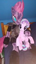 Size: 675x1200 | Tagged: safe, artist:nekokevin, character:starlight glimmer, character:tempest shadow, species:pony, species:unicorn, series:nekokevin's glimmy, anthro plushie, armor, bed, broken horn, duo, eye scar, female, hug, irl, looking at you, mare, photo, plushie, scar, size difference, smiling