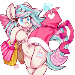 Size: 1280x1280 | Tagged: safe, artist:bbsartboutique, artist:ruef, oc, oc:mirabelle, species:pony, species:unicorn, belly button, bow, clothing, cute, dress, female, hair bow, magic, shopping, shopping bags, simple background, solo, transparent background