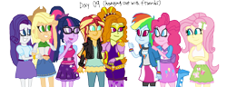 Size: 3024x1164 | Tagged: safe, artist:ktd1993, character:adagio dazzle, character:applejack, character:fluttershy, character:pinkie pie, character:rainbow dash, character:rarity, character:sunset shimmer, character:twilight sparkle, character:twilight sparkle (scitwi), species:eqg human, ship:sunsagio, my little pony:equestria girls, 30 day otp challenge, female, humane five, humane seven, humane six, lesbian, shipping