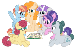 Size: 3344x2156 | Tagged: safe, artist:chub-wub, character:applejack, character:cloudy quartz, character:cookie crumbles, character:fluttershy, character:pear butter, character:pinkie pie, character:posey shy, character:rainbow dash, character:rarity, character:twilight sparkle, character:twilight velvet, character:windy whistles, species:earth pony, species:pegasus, species:pony, species:unicorn, book, female, floppy ears, mane six, mare, mom six, photo album, prone, simple background, smiling, transparent background