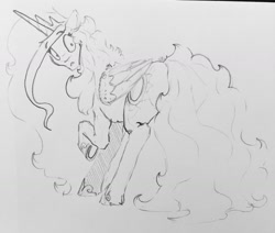Size: 1280x1083 | Tagged: safe, artist:greyscaleart, character:princess celestia, species:alicorn, species:pony, black and white, female, grayscale, looking back, mare, monochrome, plot, simple background, solo, traditional art, white background, wide eyes