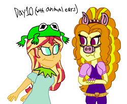 Size: 2000x1643 | Tagged: safe, artist:ktd1993, character:adagio dazzle, character:sunset shimmer, ship:sunsagio, my little pony:equestria girls, 30 day otp challenge, animal ears, female, kermit the frog, lesbian, miss piggy, shipping, simple background, transparent background