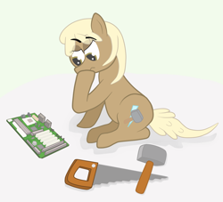 Size: 1100x1000 | Tagged: safe, artist:dracoblair, artist:sintakhra, character:mjölna, species:earth pony, species:pony, ask sandy pony, crosscut saw, hammer, motherboard, saw, solo