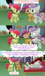 Size: 1920x3240 | Tagged: safe, artist:red4567, character:apple bloom, character:scootaloo, character:sweetie belle, species:pegasus, species:pony, 3d, behaving like rarity, cutie mark crusaders, drama queen, fainting couch, implied rarity, marshmelodrama, mini marshmelodrama, overreaction, source filmmaker, the worst possible thing