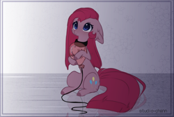 Size: 1440x976 | Tagged: safe, artist:little-sketches, character:pinkamena diane pie, character:pinkie pie, species:pony, balloon, behaving like a dog, choker, cute, cuteamena, female, hoof hold, mare, sad, sadorable