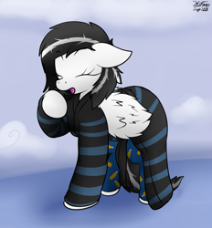 Size: 1079x1162 | Tagged: safe, artist:the-furry-railfan, oc, oc only, oc:blitzy, bed mane, clothing, cloud house, helium tank, lazy, morning, pajamas, robe, wings, yawn