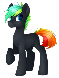Size: 2726x3631 | Tagged: safe, artist:scarlet-spectrum, oc, oc only, oc:glitch, species:earth pony, species:pony, black coat, commission, digital art, high res, male, multicolored hair, simple background, smiling, solo, stallion, transparent background