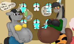 Size: 1280x768 | Tagged: safe, artist:theimmortalwolf, oc, oc:luis, oc:shawn, oc:shawnette, species:anthro, species:draconequus, baby clothes, belly, big belly, breasts, draconequus oc, pregnant, rule 63