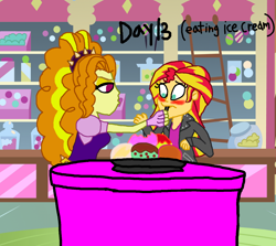 Size: 1572x1404 | Tagged: safe, artist:ktd1993, character:adagio dazzle, character:sunset shimmer, ship:sunsagio, my little pony:equestria girls, 30 day otp challenge, blushing, feeding, female, food, ice cream, lesbian, shipping