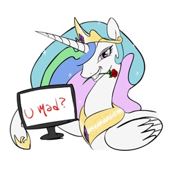 Size: 900x900 | Tagged: safe, artist:zev, character:princess celestia, species:alicorn, species:pony, female, flower, flower in mouth, mare, monitor, mouth hold, princess, rose, simple background, solo, trollestia, u mad, white background